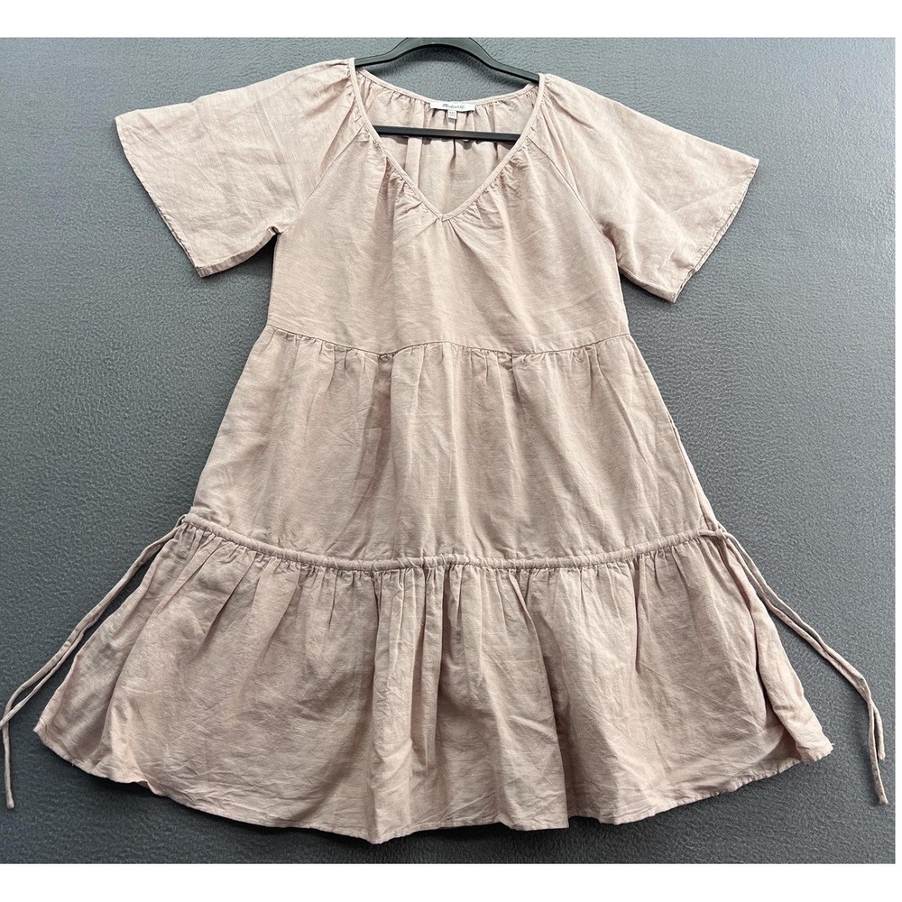 Madewell Dress Womens XXS Short Sleeve Linen Trapeze Swing V Neck Tie Summer